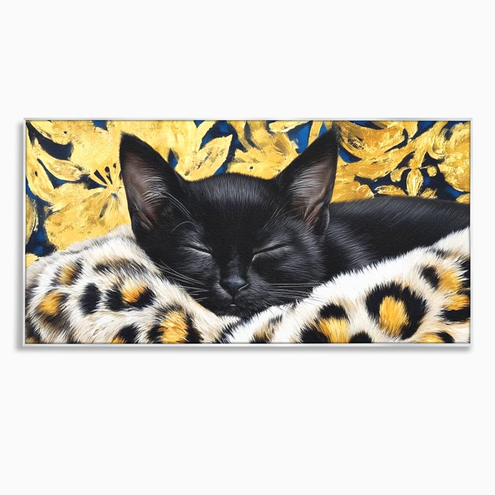 Tablou canvas cu tablou canvas cu pisica neagra dormind, in rama de aluminiu argintiu